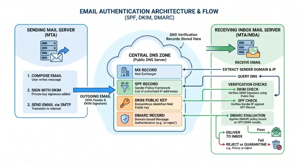 Diagram illustrating the email authentication handshake between the sending server, DNS zone records (MX, SPF, DKIM, DMARC), and receiving server.