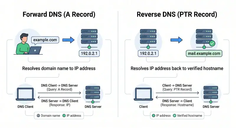 Diagram showing forward and reverse DNS records for email deliverability.Side-by-side comparison diagram contrasting Forward DNS hostname lookup to IP address with Reverse DNS PTR IP address resolution to verified hostname.