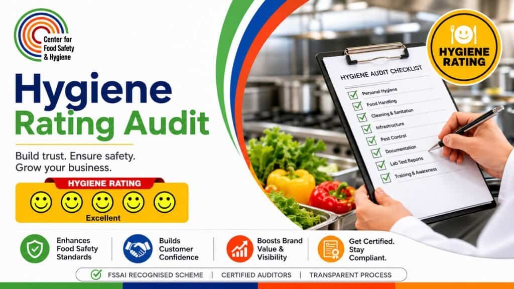 Hygiene Rating Audit checklist on a clipboard with fresh vegetables in the background.