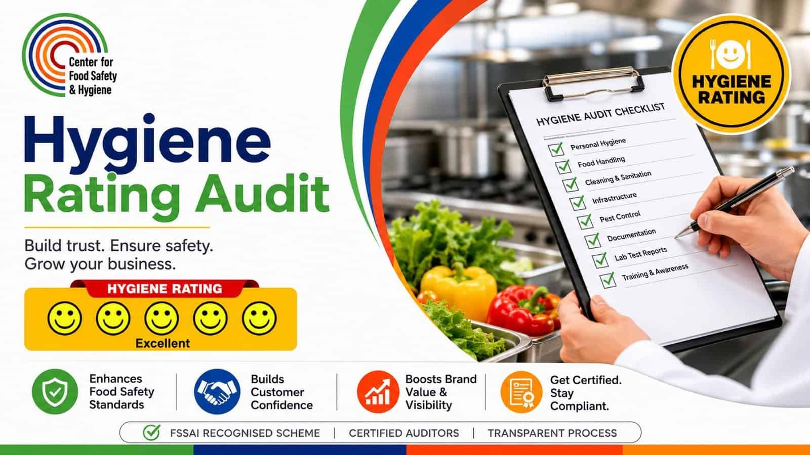 Hygiene Rating Audit checklist on a clipboard with fresh vegetables in the background.