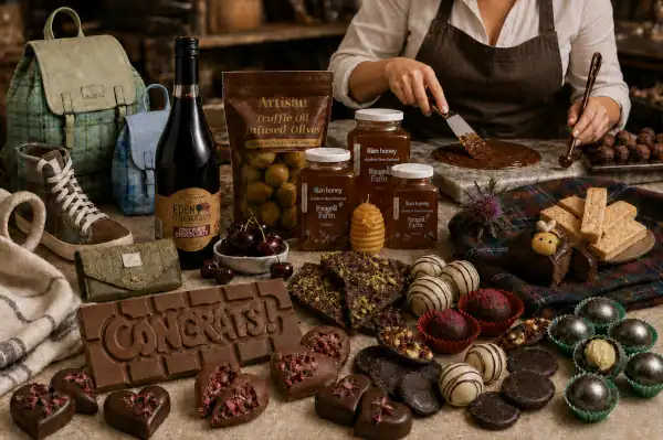 A rustic table with chocolates, a Congrats! chocolate bar, truffles, honey jars, wine, shortbread, cherries, a backpack, sneakers, and a person shaping chocolate in the background.