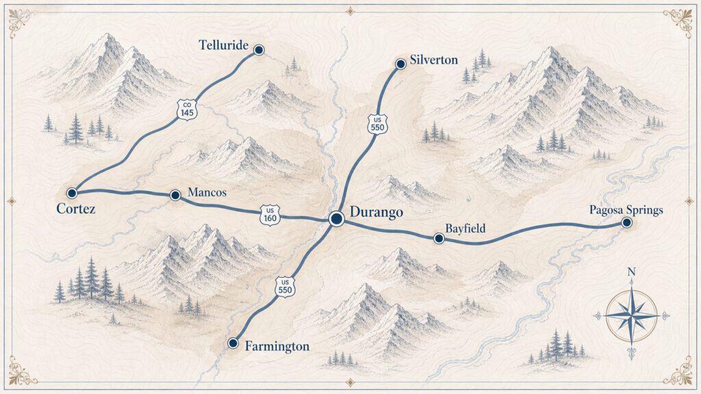 Map showing Durango, Telluride, Silverton, Pagosa Springs, Mancos, Bayfield, and Farmington.