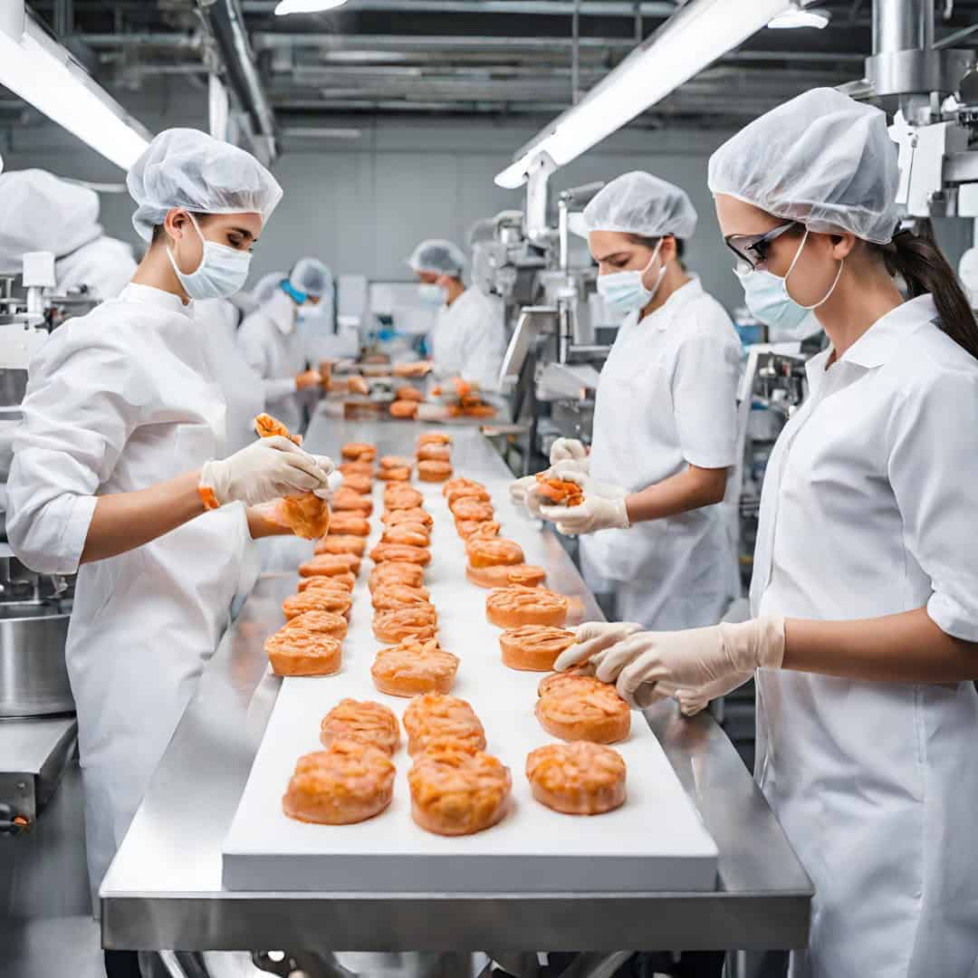 Food safety professionals inspecting processed food products in a factory.