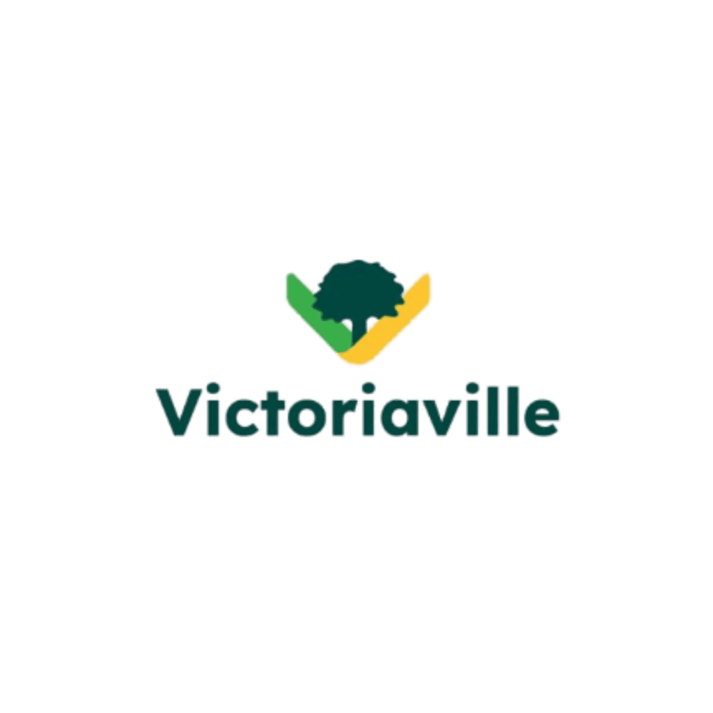 Logo de Victoraville avec une main verte et jaune tenant un arbre, symbolisant la communication environnementale.