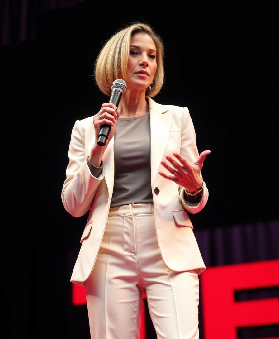 Liz Bradford speaking on stage in a cream suit