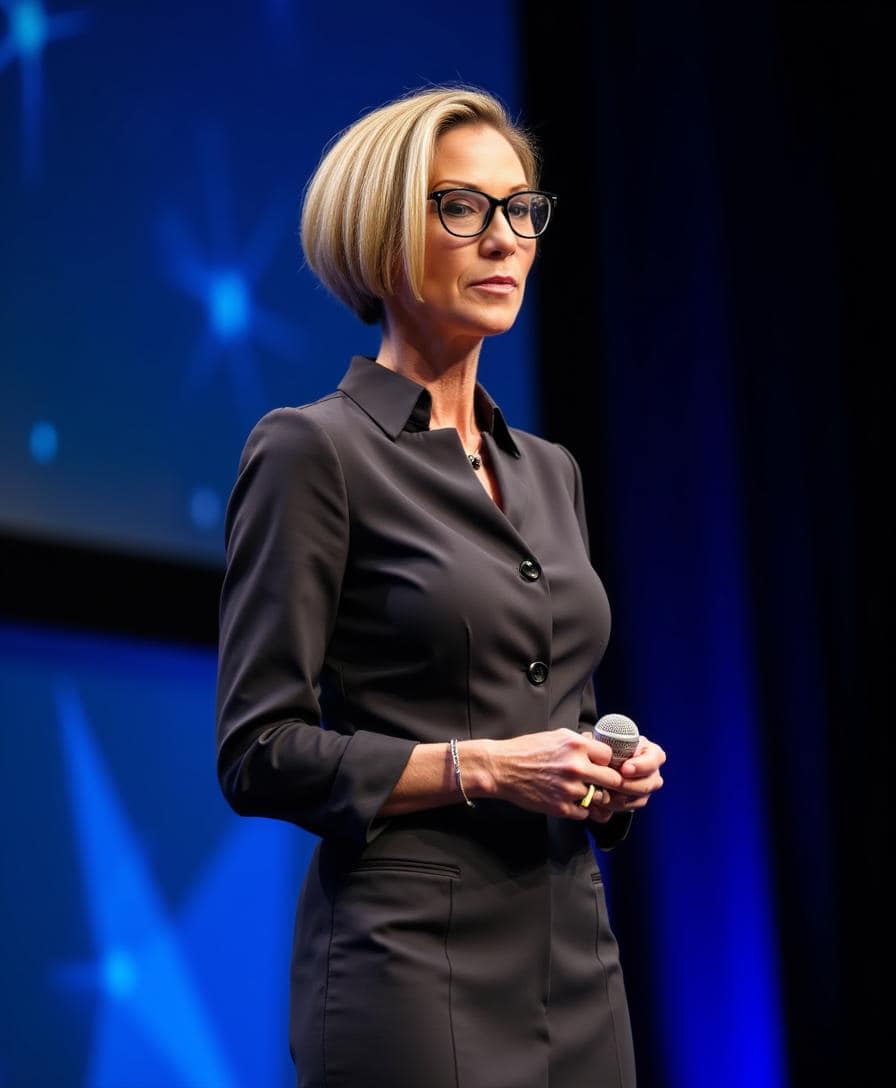 Liz Bradford presenting with glasses on stage