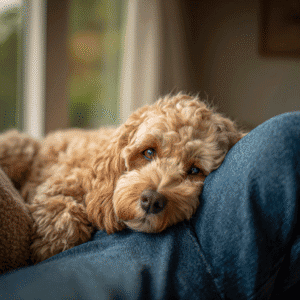 Cockapoo_curled_up_on Cockapoo being hugged by family