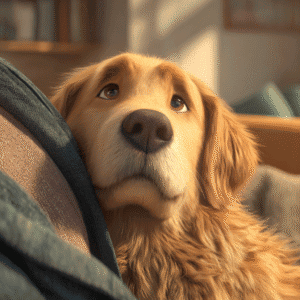 u_Golden_Retriever_leaning Golden Retriever cuddling on sofa with owner
