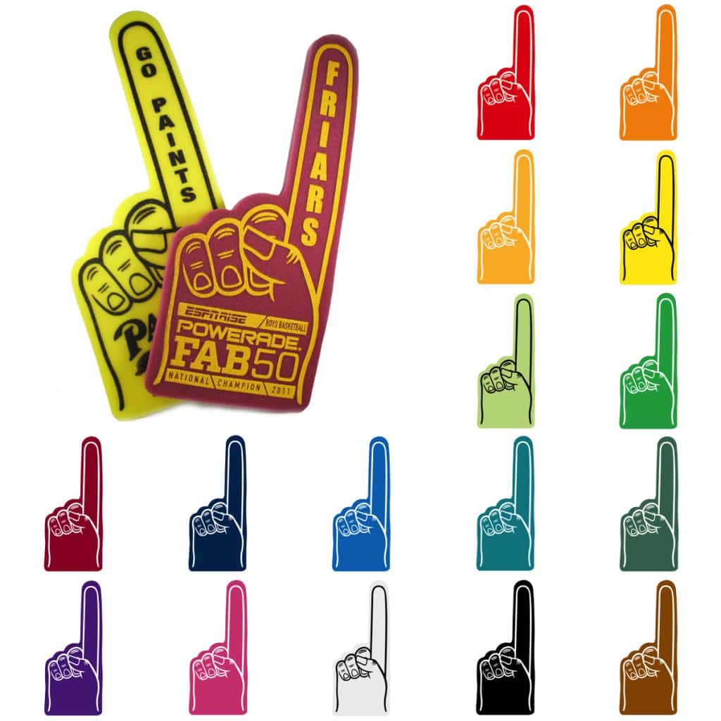 22-inch foam fingers with yellow and maroon custom print examples and available foam colors