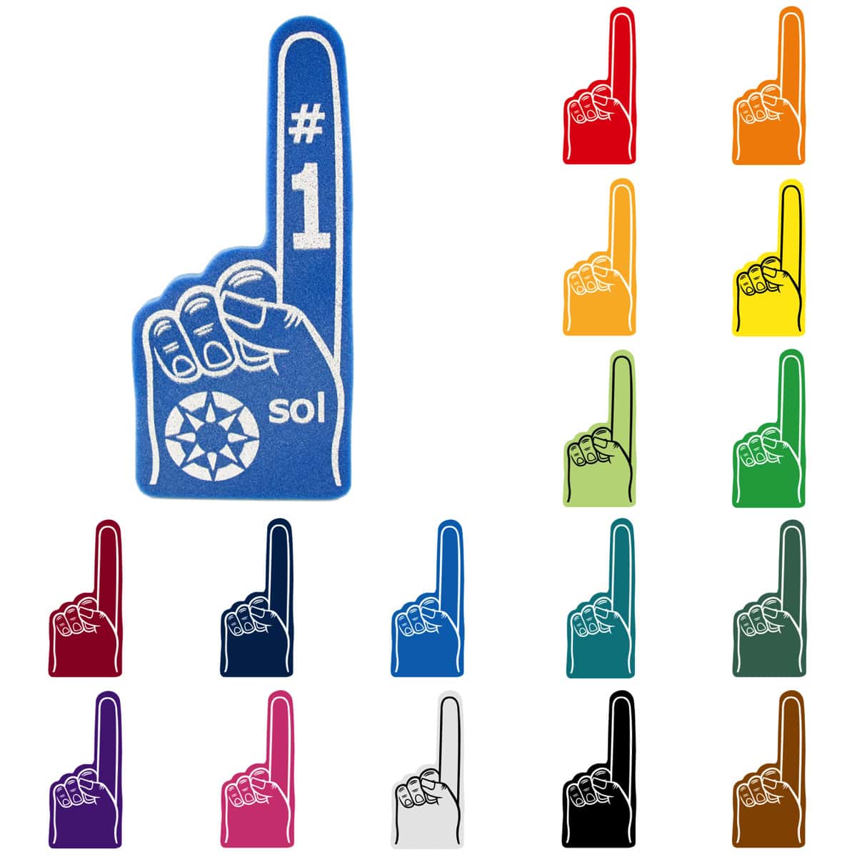 16-inch blue number one foam finger with a white logo and available foam colors