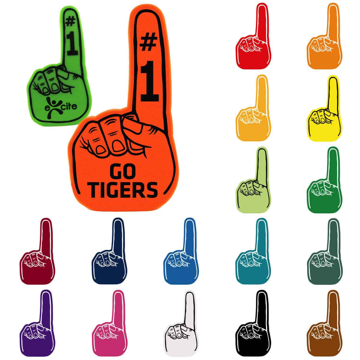 Number one foam fingers with orange and green custom logo examples and available foam colors