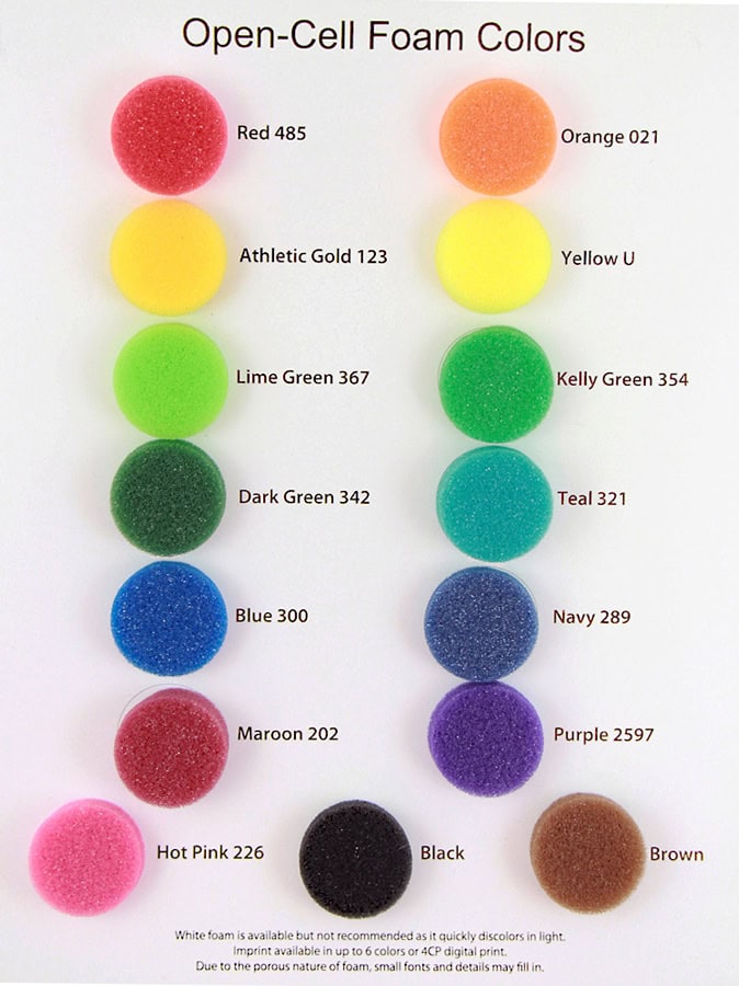 Foam color chart with labeled color swatches