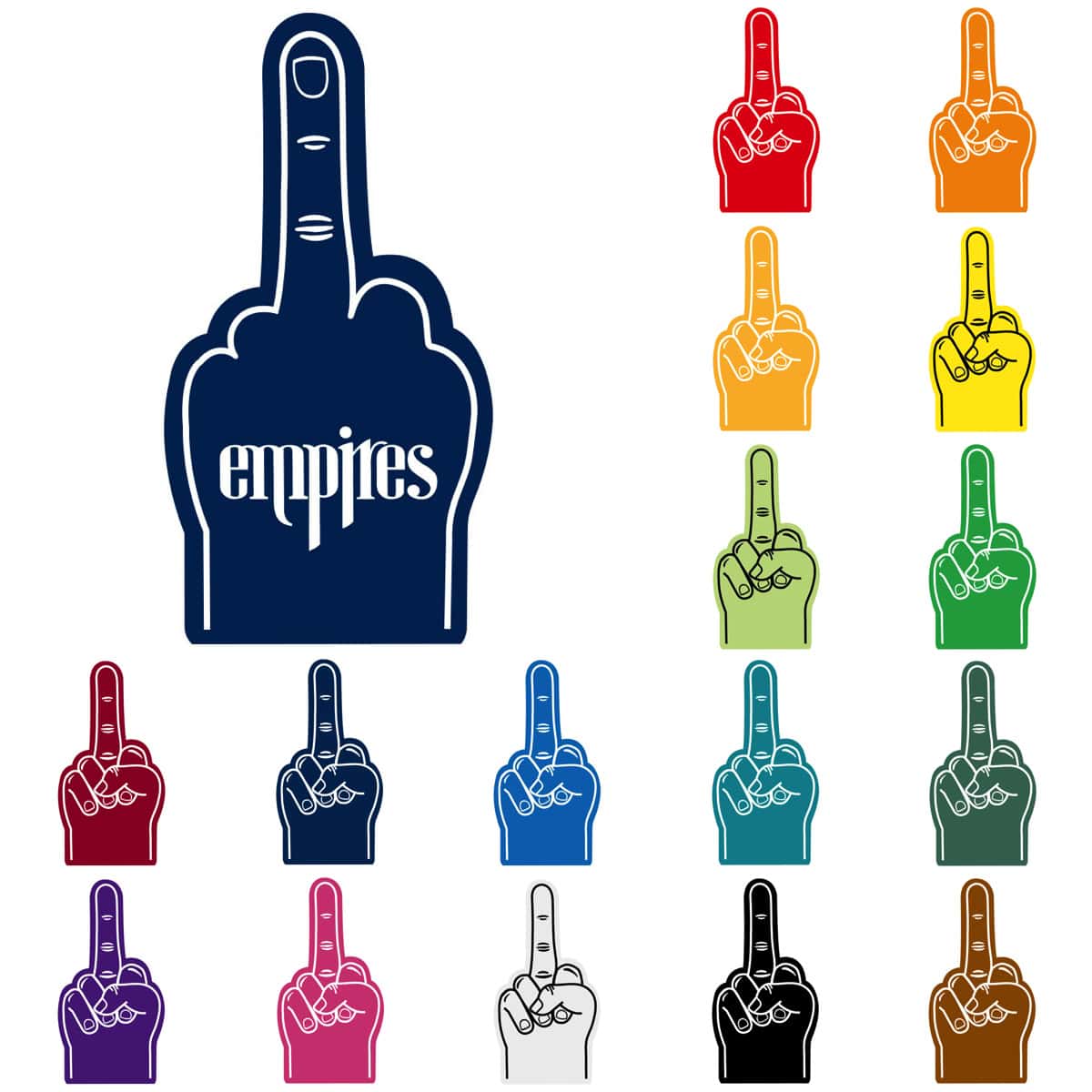 Colorful foam finger with middle finger gesture and 'Empires' text for sports fans.