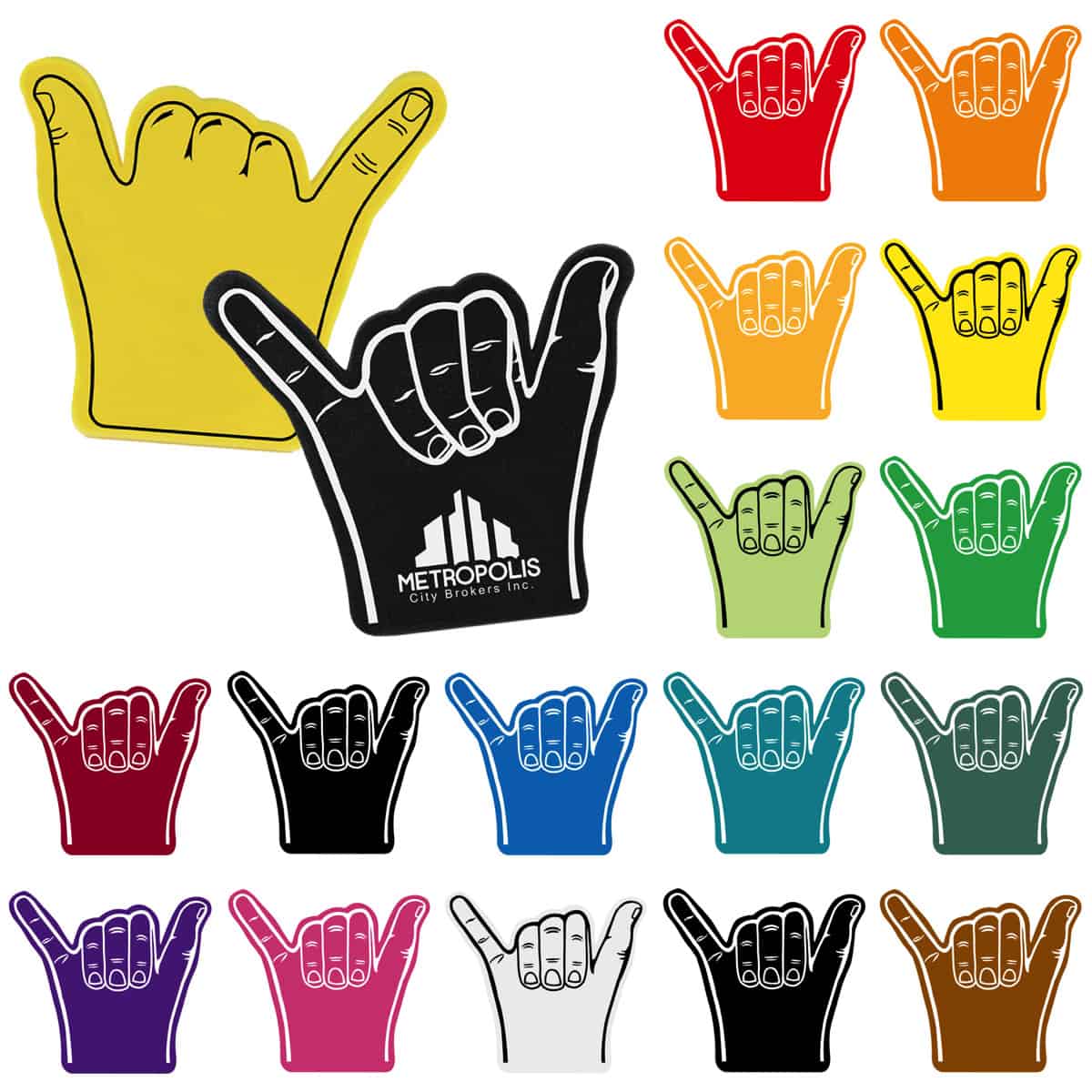 Colorful foam hand with shaka sign for surfing and beach fun.