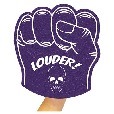 Purple foam fist with skull and 'LOUDER!' text for sports events.