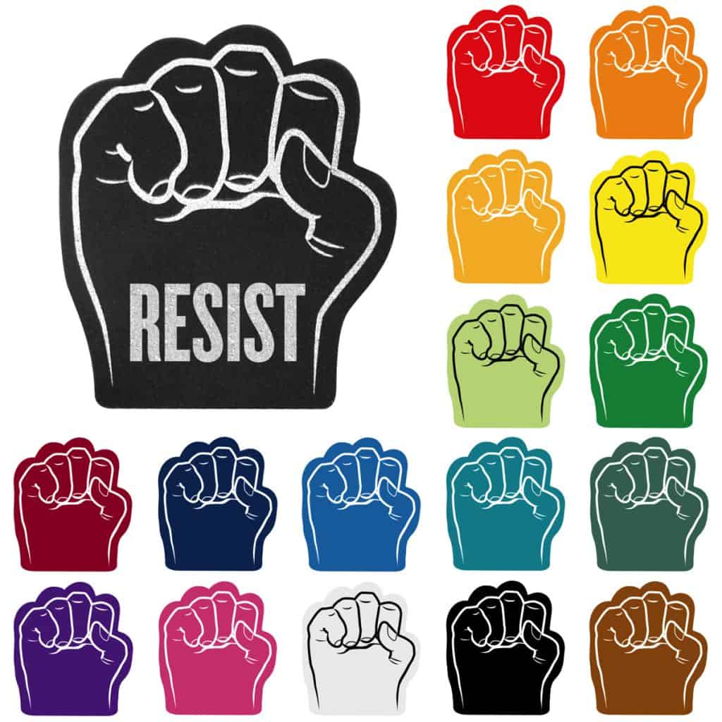 Colorful foam fists with RESIST message for protests or events.