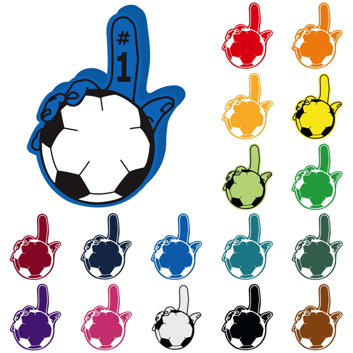 Colorful foam fingers with soccer ball design for sports fans and events.