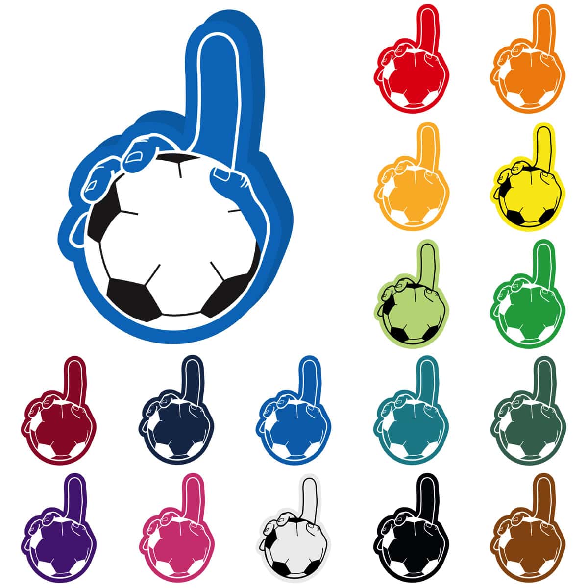 Colorful foam finger holding a soccer ball for sports fans and events.