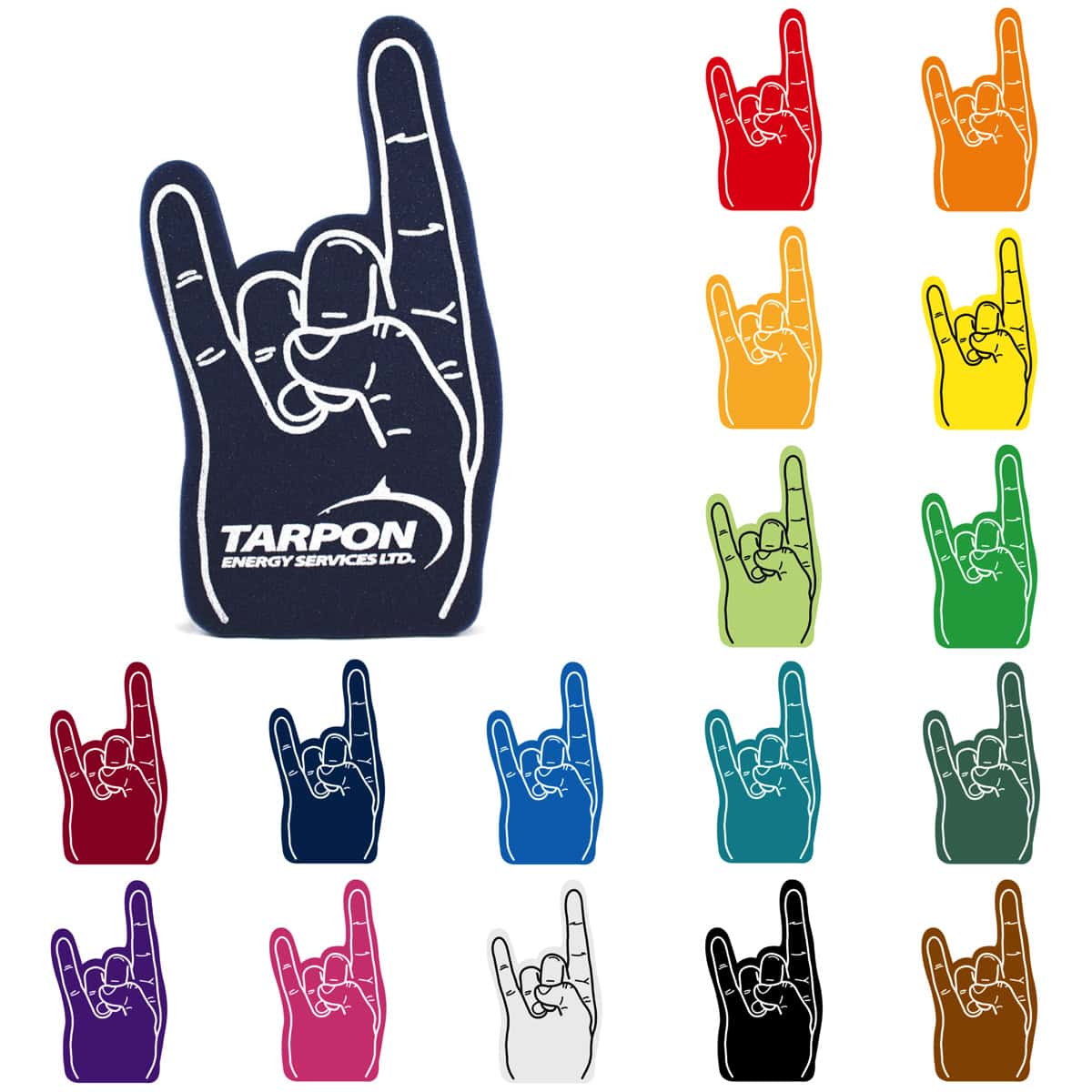 Colorful foam hand with rock on gesture for rock fans and concerts.