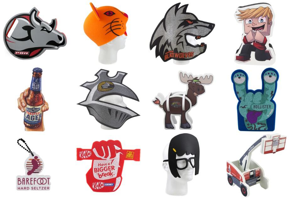 Examples of custom foam products, including mascot heads, novelty hats, a foam hand, and a fire truck.
