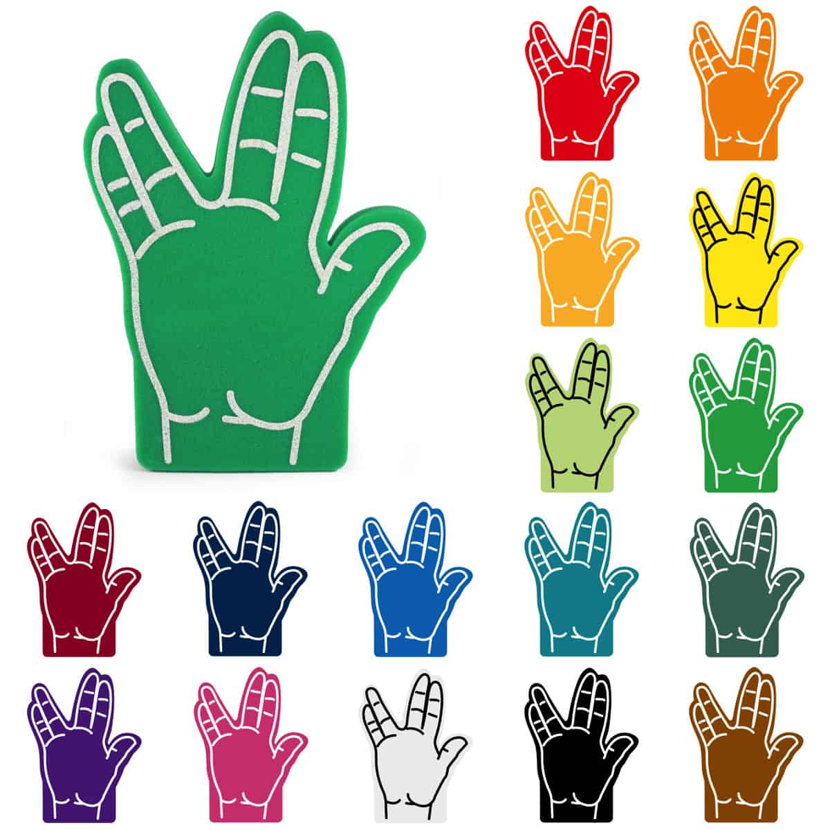 Colorful foam hand signs in various colors for sports events and celebrations.