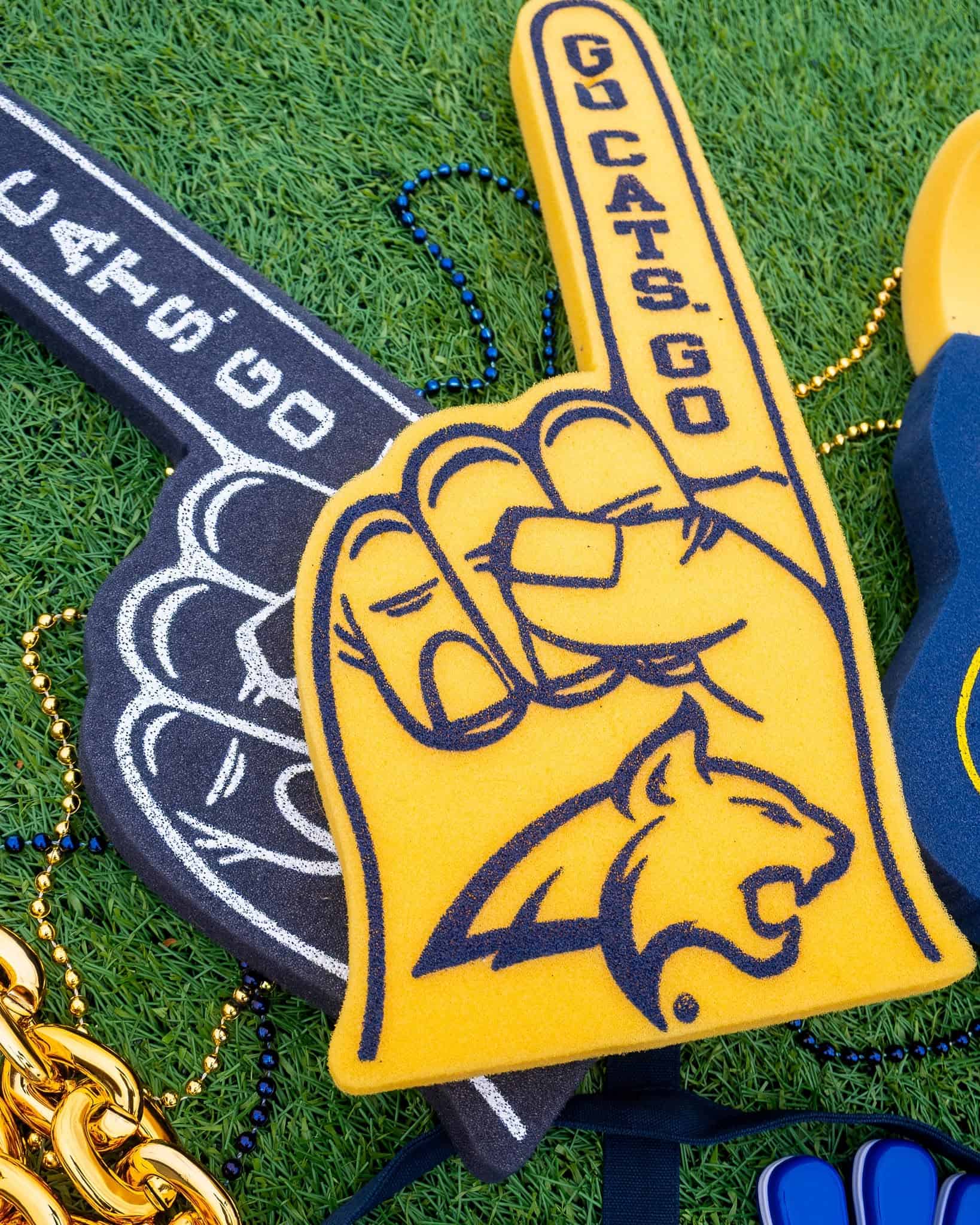 Yellow and navy foam fingers on grass with Go Cats Go lettering and a wildcat logo.