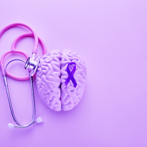 Human brain with stethoscope, symbolizing Alzheimer's disease, dementia, cognitive decline, memory loss, brain health, neurodegenerative disease, medical research, healthcare, and senior care.