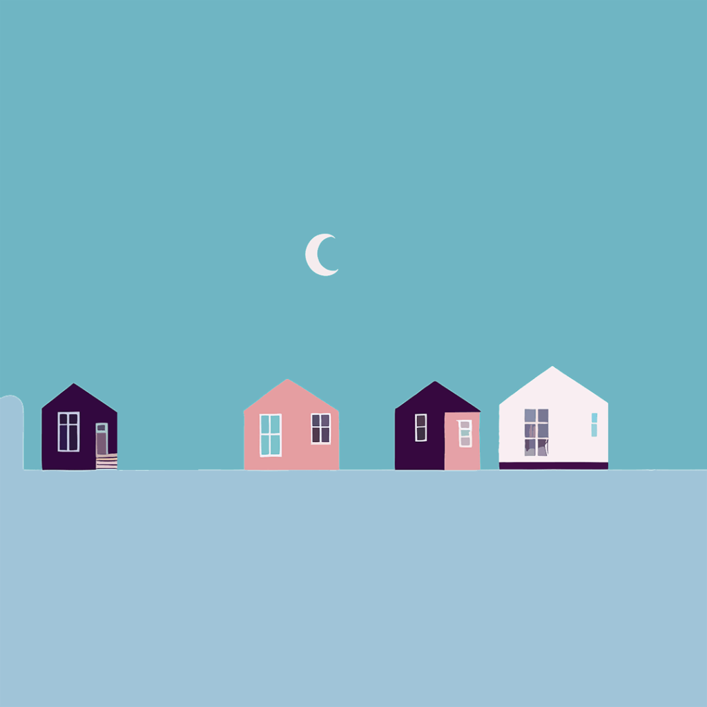 A night sky filled with twinkling stars, with several animated houses glowing softly beneath. Each house emits a different colored light, representing the unique benefits and eligibility requirements of Medicaid and Veterans' programs.