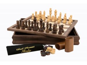 Dal Rossi Chess /Checkers / Backgammon, walnut, flip top board, 14"