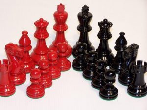 Chess Pieces - French lardy, Boxwood,red & black, 85mm Wood Double Weighted