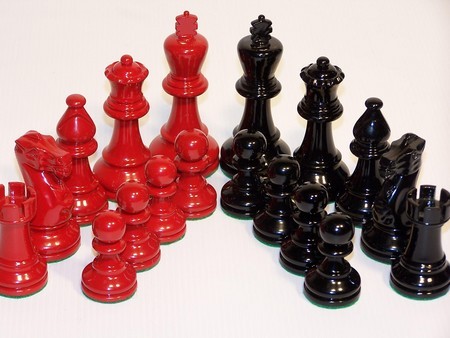 Chess Pieces - French lardy, Boxwood,red & black, 95mm Wood Double Weighted