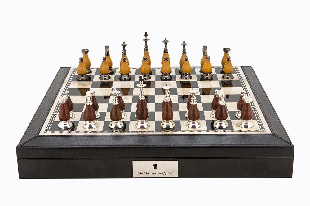 Dal Rossi Italy Black PU Leather Bevilled Edge chess box with compartments 18" with Staunton Metal/Wood Chessmen