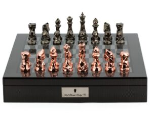 Dal Rossi Italy Chess Set with Diamond-Cut Copper & Bronze 85mm chessmen on a Carbon Fibre Shiny Finish Chess Box 16” with compartments