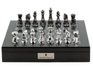 Dal Rossi Italy Chess Set with Diamond-Cut Titanium & Silver 85mm chessmen on a Carbon Fibre Shiny Finish Chess Box 16” with compartments