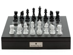 Dal Rossi Italy Chess Set with Diamond-Cut Black & White 85mm chessmen on a Carbon Fibre Shiny Finish Chess Box 16” with compartments
