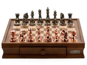 Dal Rossi Italy Chess Set with Diamond-Cut Copper & Bronze 85mm chessmen on a Walnut Finish Chess Box 16” with drawers