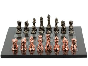 Dal Rossi Italy Chess Set with Diamond-Cut Copper & Bronze 85mm chessmen on a Carbon Fibre Shiny Finish Chess Board16”
