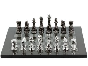 Dal Rossi Italy Chess Set with Diamond-Cut Titanium & Silver 85mm chessmen on a Carbon Fibre Shiny Finish Chess Board16”