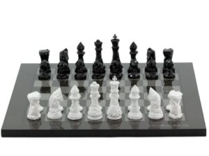 Dal Rossi Italy Chess Set with Diamond-Cut Black & White 85mm chessmen on a Carbon Fibre Shiny Finish Chess Board 16”