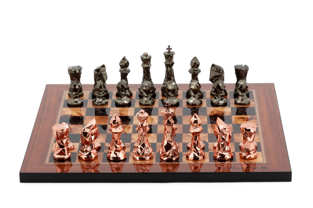 Dal Rossi Italy Chess Set with Diamond-Cut Copper & Bronze 85mm chessmen on a Walnut Shinny Finish Chess Board 16”