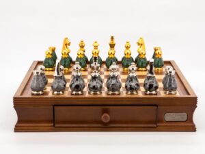Dal Rossi Italy Chess Set Walnut Finish 16″ With Two Drawers, With Gray and Green Gold and Silver Metal Tops and Bottoms Chess Pieces 90mm
