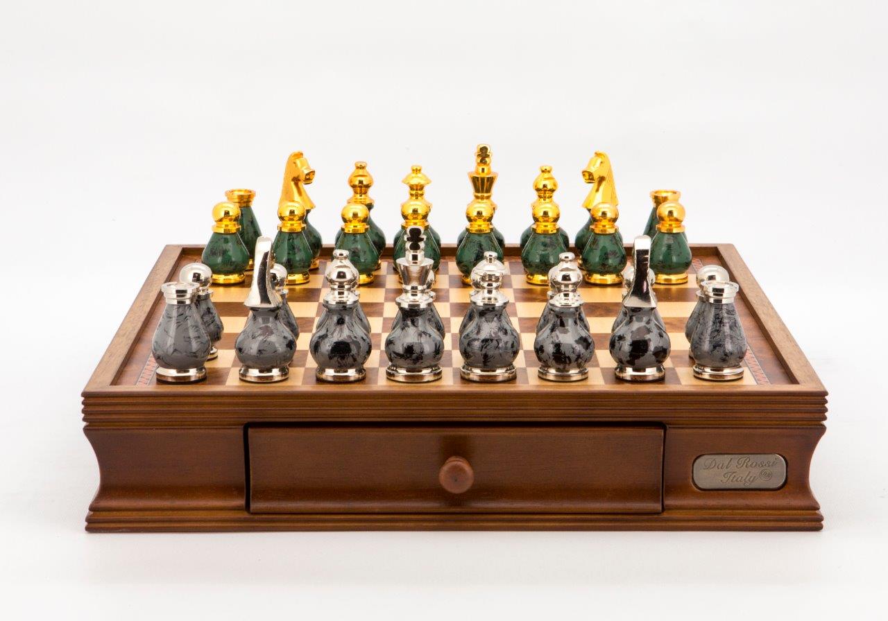 Dal Rossi Italy Chess Set Walnut Finish 16″ With Two Drawers, With Gray and Green Gold and Silver Metal Tops and Bottoms Chess Pieces 90mm