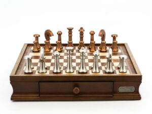 Dal Rossi Italy Chess Set Walnut Finish 16″ With Two Drawers, With Metal Dark Titanium and Gold Chessmen 110mm
