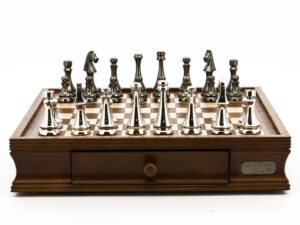 Dal Rossi Italy Chess Set Walnut Finish 16″ With Two Drawers, With Metal Dark Titanium and Silver chessmen 85mm
