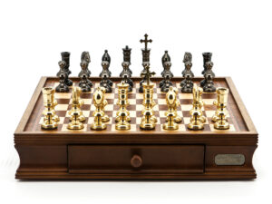 Dal Rossi Italy Chess Set Walnut Finish 16″ With Two Drawers, With Metal Dark Titanium and Gold Chessmen 110mm