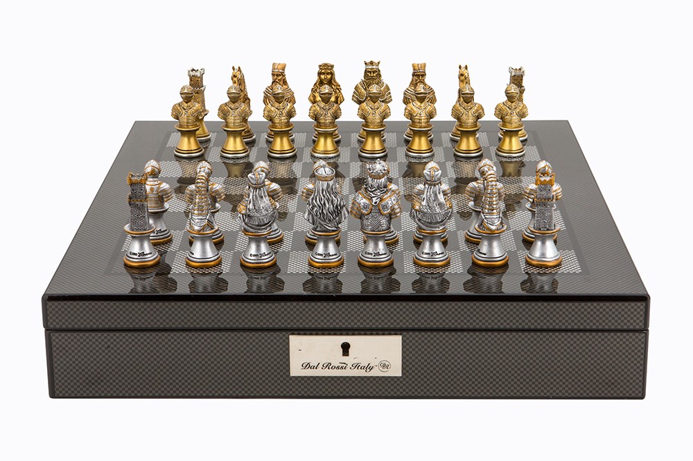 Dal Rossi Italy Carbon Fibre Shiny Finish chess box with compartments 16” with Medieval Warriors Resin Chessmen