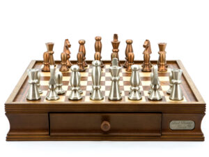 Dal Rossi Italy Chess Set Walnut Finish 16″ With Two Drawers, With Copper and Silver Weighted Metal Chess Pieces 85mm pieces