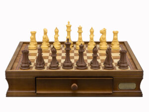 Dal Rossi Italy Chess Set Walnut Finish 16″ With Two Drawers, Queen Gambit Chessmen 90mm
