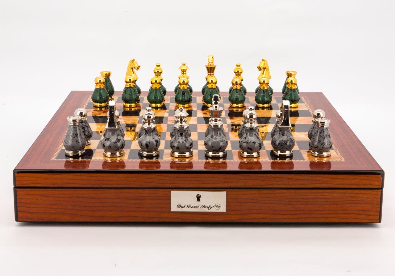 Dal Rossi Italy Chess Set Walnut Finish 20" With Compartments, With Gray and Green Gold and Silver Metal Tops and Bottoms Chess Pieces 90mm