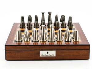 Dal Rossi Italy Chess Set Walnut Finish 16″ With Compartments, With Metal Dark Titanium and Silver chessmen 85mm